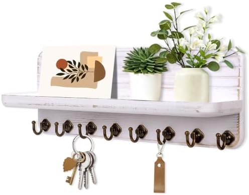 Key Holder for Wall, Mail Organizer Wall Mount with 8 Hooks Wooden Hanging Key Rack for Home Decor, Hallway, Entryway (Vintage White) by Unknown