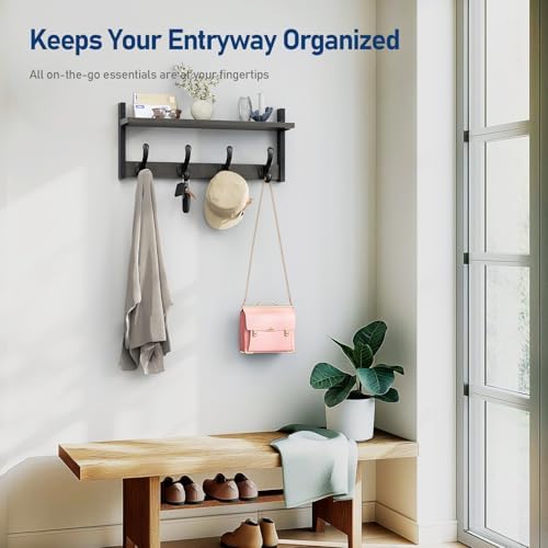 Tatub 20" Rustic Coat Rack Wall Mount with Shelf, Wall Hooks with Shelf, Heavy Duty Entryway Organizer Hangers for Hanging, Hat, Bag, Jacket for Bathroom, Living Room, Bedroom, Ebony - Image 5