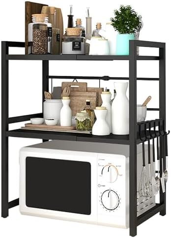Y YOMA Extendable Microwave Oven Rack, 3 Tier Metal Kitchen Countertop Organizer with 6 Hooks, Adjustable Shelf for Bakers, Holds 60lb, Black by YYOMA