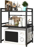Y YOMA Extendable Microwave Oven Rack, 3 Tier Metal Kitchen Countertop Organizer with 6 Hooks, Adjustable Shelf for Bakers, Holds 60lb, Black by YYOMA