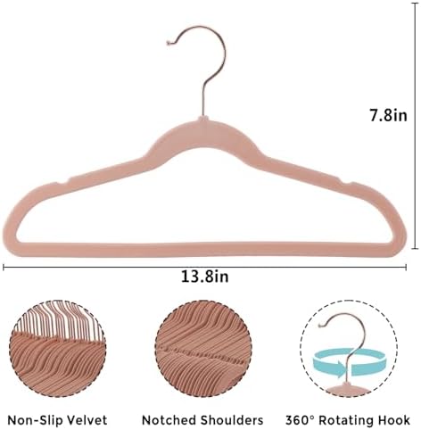 Tonswachic Velvet Child Hangers 50 Pack, 14" Premium Kids Felt Hangers, Non Slip Baby Hangers for Toddler Clothes, 0.2" Slim Space-Saving Children Hangers with 10 Clips & 360° Rose Gold Hook, Pink - Image 2