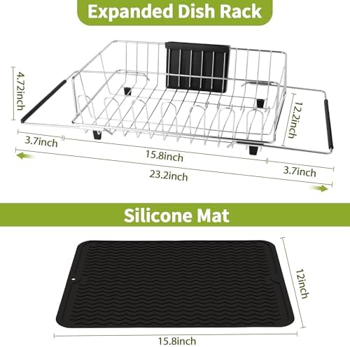 in Sink Expandable Dish Drying Rack with Silicone Mat-Extra Large Stainless Steel Dish Drainer Over The Sink with Utensil Holder, Applicable for Sink Width 16'-22' (Silver,23.2'*12.2') - Image 2