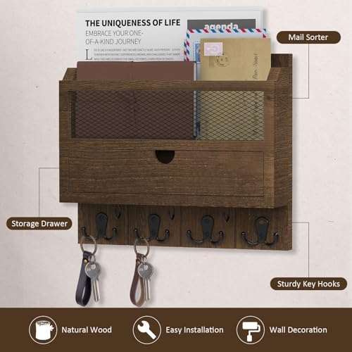 Nekon Mail Organizer with Drawer for Wall, Wooden Key Holder, Brown - Image 2