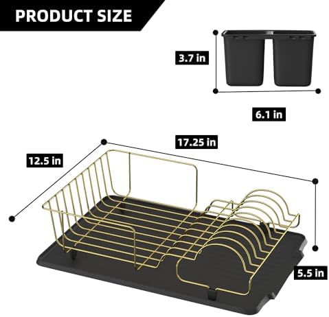 Buruis Dish Drying Rack for Kitchen Countertop, Large Capacity Gold Stainless Steel Dish Drainer with Anti-Slip Rubber Feet, Removable Drain Board and Utensil Holder (Black Tray) - Image 2