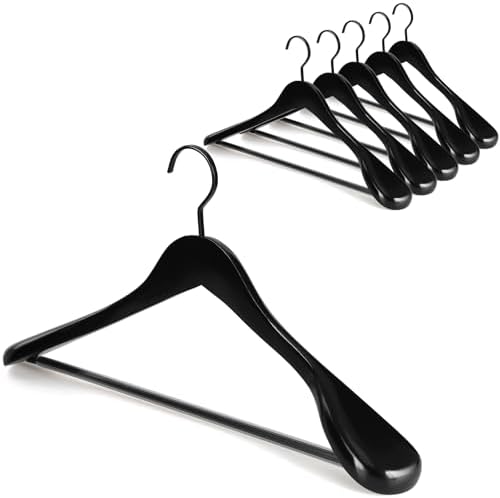 TOPIA HANGER Black Wooden Coat Hanger 6 Pack, Wide Shoulder Wood Suit Hangers with Extra-Thick Flat Hooks & Anti-Slip Pants Bar, Heavy Duty Clothes Hangers,Glossy Finish, Black-CT02H by TOPIAHANGER