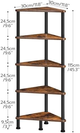 HOOBRO Corner Shelf Stand, Industrial 5-Tier Corner Bookshelf with Metal Frame, Plant Display Shelf, Small Bookcase for Small Spaces, Bedroom, Living Room, Rustic Brown BF33CJ01 - Image 3