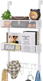 HapiRm Over The Door Organizer with Coat Hooks and 2 Baskets, Stainless Steel Rustproof Over The Door Hanger Hooks for Bathroom, Kitchen, Bedroom-White (for 1.76in Doors) by HapiRm
