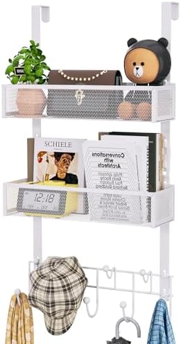 HapiRm Over The Door Organizer with Coat Hooks and 2 Baskets, Stainless Steel Rustproof Over The Door Hanger Hooks for Bathroom, Kitchen, Bedroom-White (for 1.76in Doors) by HapiRm