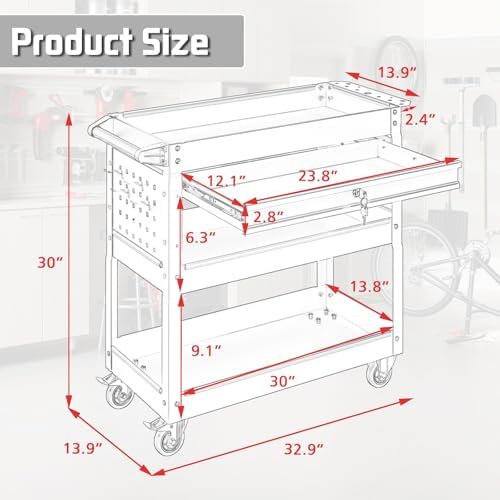 3 Tray Rolling Tool Cart with Drawers, 400 LBS Capacity Mechanic Tool Cart on Wheels, Heavy Duty Utility Cart with Pegboard, Metal Work Cart for Garage and Repair Shop, Blackgreen - Image 3