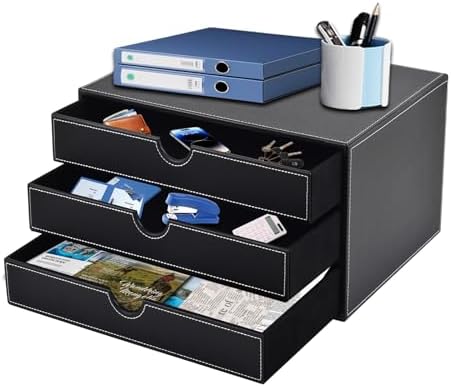 PU Leather Desk Organizer with 3 Drawers,Executive Office Supplies Desktop Filing A4 File Cabinet/Holder for Jewelry/Bill/Paper/Documents/Makeup Home Decor Stationery Storage Box,Black by XNONE