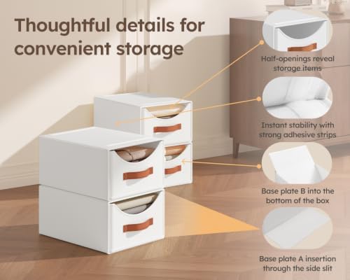 Homsorout Stackable Storage Drawers - Collapsible Storage Bins with Drawers, 6 Pack Closet Shelf Organizer Basket, Fabric Pull Out Organizer for Bedroom, Living Room, Dorm, White - Image 4