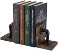 Bookends for Shelves, Heavy Book Ends with Extended Metal Base, Wood Non Skid Book Stopper, Antique Steampunk Industrial Pipe Office Decor for Men, Dark Brown L-Shaped Bookends Holder for Shelf (Pair) by Unknown