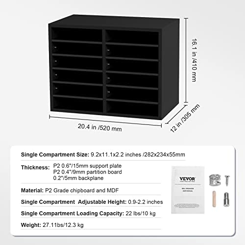 VEVOR Literature Organizers, 12 Compartments Office Mailbox with Adjustable Shelves，Wood Literature sorter 20.4x12x16.1 inches for Office, Home, Classroom, Mailrooms Organization, EPA Certified Black - Image 3
