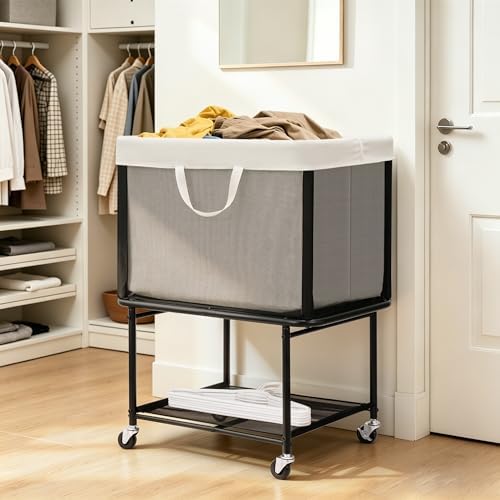 STO STO Rolling Laundry Hamper with Lockable Wheels, 29-Gallon (110L) Laundry Cart with Removable Canvas Bag, 2-Tier Clothes Basket Hamper with Shelf for Closet, Bedroom, Bathroom, Laundry Room, Beige - Image 3