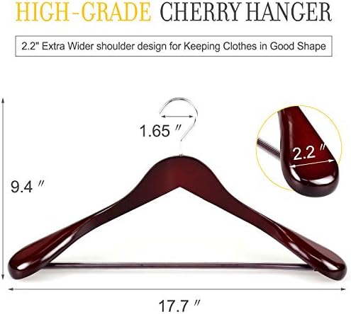 TOPIA HANGER Set of 6 Luxury Mahogany Wooden Coat Hangers, Premium Wood Suit Hangers, Glossy Finish with Extra-Wide Shoulder, Thicker Chrome Hooks & Anti-Slip Bar CT02M - Image 2