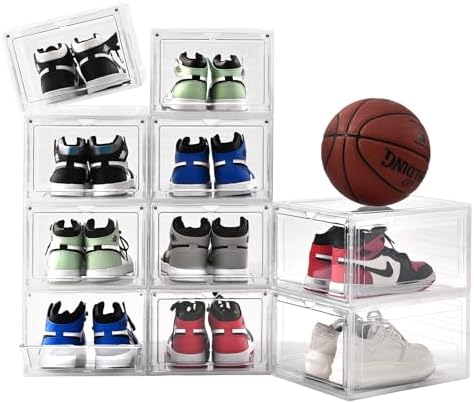 Shoe Organizer,Thicken & Sturdy Shoe Boxes with Magnetic Door,Stackable Plastic Shoe Storage Boxes Containersfor Sneakers,13.5" x 10.5" x 7.4" (Clear, 10 Pack) by UniHIMO