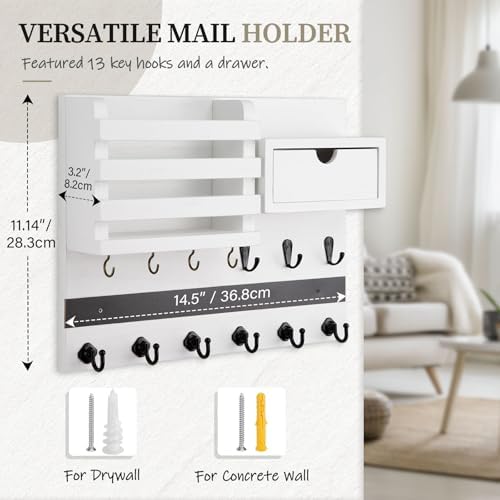 Nekon Key Holder Wall Mount with Drawer, 14.5" Mail Holder, White - Image 6