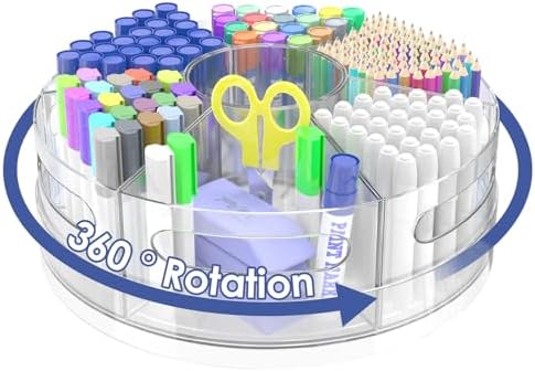 Acrylic Marker Organizer, 360 Degree Rotating Pencil Organizer with 7 Removable Compartments, Clear Crayon Organizers for Kids, Large Pencil Holder Desk for Office Home School by Chemlliy