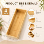 4 Pcs Bamboo Drawer Organizer Stackable Utensil Organizer for Kitchen Bamboo Storage Box Wood Silverware Tray for Drawer, Dresser, Bathroom (15" X 6" X 2") - Image 2