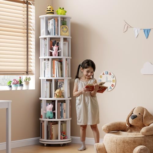 Muwuele 6 Tier Solid Wood Rotating Bookshelf Tower on Wheels, White - Image 3
