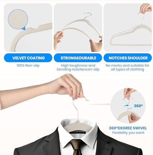 YSSOA Velvet Hangers 60 Pack, Non-Slip Clothes Hangers with Shoulder Notches, 360° Swivel Hooks, Heavy Duty Standard Hangers for Closet Space Saving, White - Image 3