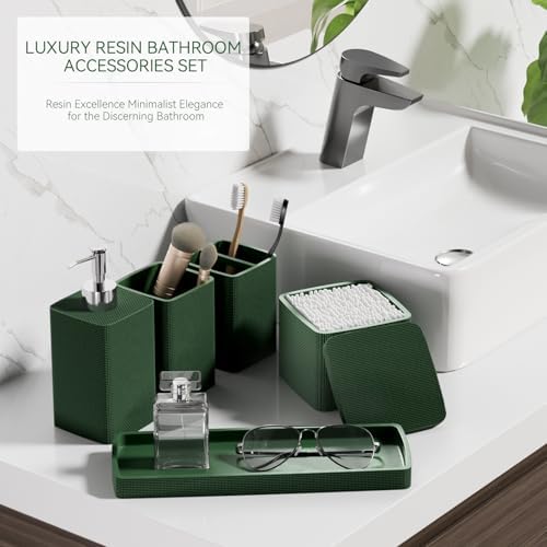 Dark Green Bathroom Accessories Set 5 Pieces, Resin Toothbrush Holders Set Complete with Soap Dispenser, Toothbrush Holder, Vanity Tray, Bathroom Tumbler and Qtip Holder for Small Spaces - Image 6