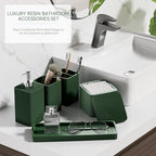 Dark Green Bathroom Accessories Set 5 Pieces, Resin Toothbrush Holders Set Complete with Soap Dispenser, Toothbrush Holder, Vanity Tray, Bathroom Tumbler and Qtip Holder for Small Spaces - Image 6