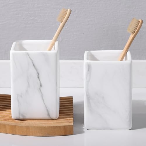 Marble Square Toothbrush Holders - Ceramic Tooth Brushing Holders, Toothbrush Cup, Toothpaste Organizer for Bathroom Countertop, Makeup Brush Holder, Pen Holder for Home Desktop Storage by BSDISP