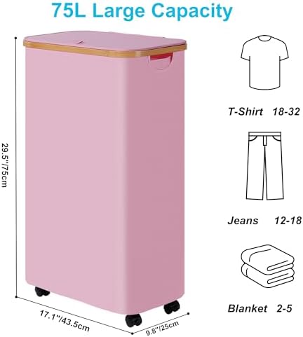 efluky Slim Laundry Basket with Wheels, Narrow Rolling Laundry Hamper with Lid and Removable Bag, Tall Aesthetic Dirty Clothes Hamper on Wheels for Laundry Room, Bedroom, Dorm and Bathroom, 75L Pink - Image 6