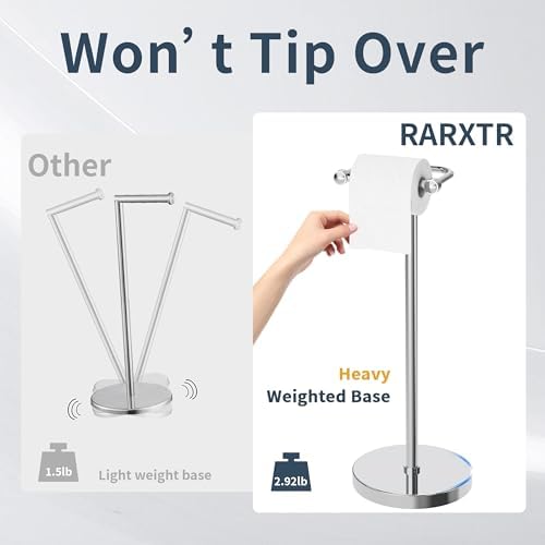 RARXTR Toilet Paper Holder Stand, Post Pivoting Design Free Standing Toilet Paper Holder, SUS304 Stainless Steel Toilet Paper Roll Holder, Heavy Stable Base (Chrome) - Image 4