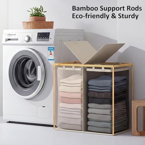 efluky Double Laundry Hamper with Lid and 2 Removable Bags, Beige - Image 4