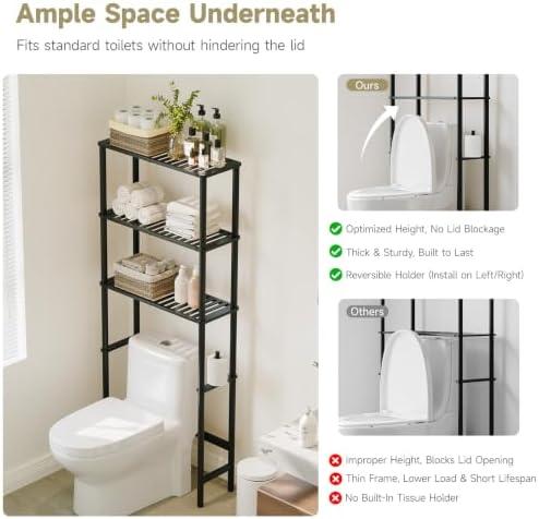Over The Toilet Storage,3-Tier Bamboo Bathroom Shelf with Paper Holder - Image 4