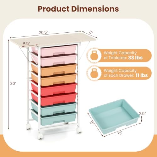Giantex 8 Drawers Rolling Cart with Wheels, Folding Wood Top - Image 3