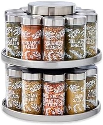 Kamenstein Salem 20-Jar Rotating Spice Rack with Spices Included, Stainless Steel Countertop Organizer with Sifter Caps and Tool Caddy, Spice Set for Kitchen Organization by Kamenstein