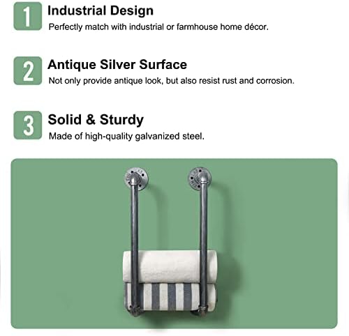 HouseAid Industrial Pipe Towel Rack, Farmhouse Bathroom Towel Storage Holder, Vintage Style Towel Organization, Wall Mounted, Antique Silver - Image 4