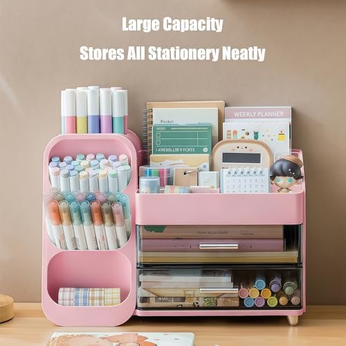 Desk Organizer with Pen Pencil Holder, Pen Organizer with 2 Drawers & 4 Compartments, Desktop Organizers and Storage for Office Home School Art Supplies (Pink) - Image 3