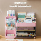 Desk Organizer with Pen Pencil Holder, Pen Organizer with 2 Drawers & 4 Compartments, Desktop Organizers and Storage for Office Home School Art Supplies (Pink) - Image 3