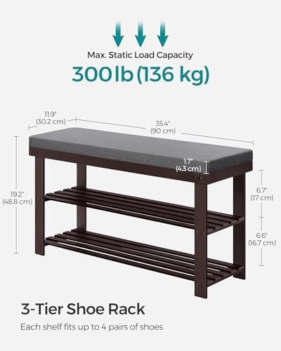 SONGMICS Bamboo Shoe Bench, 3-Tier Shoe Rack, 11.8 x 35.4 x 19.2 Inches - Image 3