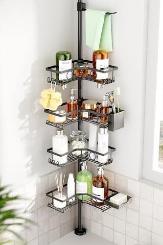 Corner Shower Caddy Tension Pole, 4 Tier Rustproof Shower Tension Rod Organizer with Soap Holder & Hooks, Adjustable 30-121 Inch Bathroom Shelf for Renters - Family Stand Storage Rack, Black by Dimyno