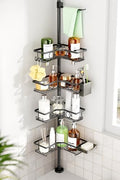 Corner Shower Caddy Tension Pole, 4 Tier Rustproof Shower Tension Rod Organizer with Soap Holder & Hooks, Adjustable 30-121 Inch Bathroom Shelf for Renters - Family Stand Storage Rack, Black by Dimyno