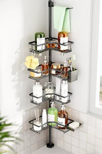 Corner Shower Caddy Tension Pole, 4 Tier Rustproof Shower Tension Rod Organizer with Soap Holder & Hooks, Adjustable 30-121 Inch Bathroom Shelf for Renters - Family Stand Storage Rack, Black by Dimyno