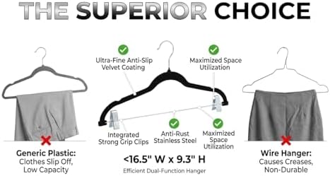 Velvet Pants Skirt Hangers with Clips - Pack of 20 Black Shirt Clothes Felt Non Slip Heavy Duty Slim Hanger Set for Skirts Pant Suit Shorts Women Dress,Space Saving with Two Metal Clip - Image 3