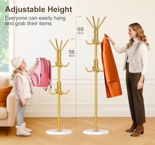 MISSLO Heavy Duty Coat Rack Freestanding with Stable Wood Base Modern Coat Tree with 12 Hooks Adjustable Coats Hanger Stand Stylish Standing Clothes Tree for Entryway Bedroom Corner Hall (Gold) - Image 6