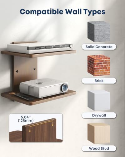 Floating TV Projector Shelf Wall Mount - 2 Tier Wooden Shelf, Walnut Brown - Image 7