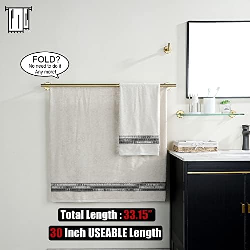 JQK Double Bath Towel Bar, Brushed Gold 33 Inch 304 Stainless Steel Thicken 0.8mm Towel Rack for Bathroom, Towel Holder Wall Mount, Useable Length 30 Inch, TB100L30-BG - Image 4