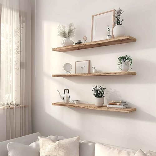 YYWUOJJ Wood Floating Shelves for Wall, Rustic Wall Shelves for Bedroom, Wall Mounted Floating Shelf, Set of 4 Light Walnut 36 Inch - Image 2