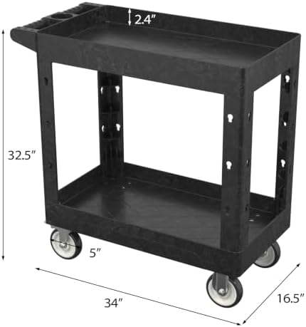 Large Garage Plastic Utility Cart, Heavy Duty 2 Shelf Tool Cart Service Cart Rolling Push Carts with Ergonomic Handle 5" Swivel Casters. - Image 2