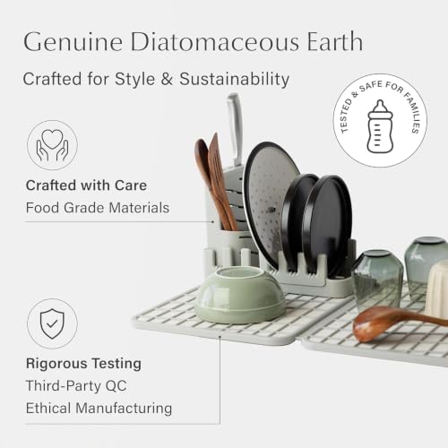 Dorai Home Collapsible Dish Drying Rack with Stone Dish Pad - Kitchen Counter Set with Diatomaceous Earth Stone Dish Mat for Quick Drying - Space-Saving Design - Large 24.6" x 16.5", Sandstone - Image 4