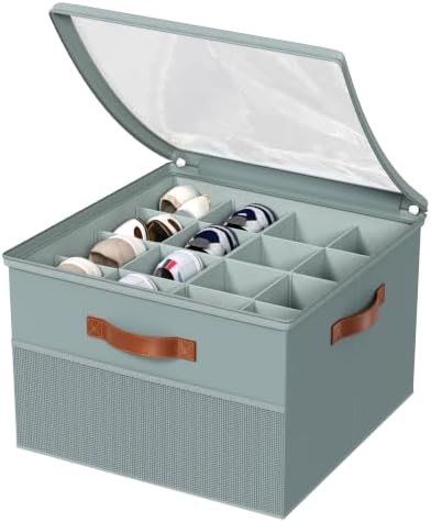 Shoe Organizer for Closet,2 Pack Foldable Shoe Storage Organizer Box Bin with Adjustable Dividers and Clear Cover, Fits up to 16-32 Pairs（Grey） - Image 4