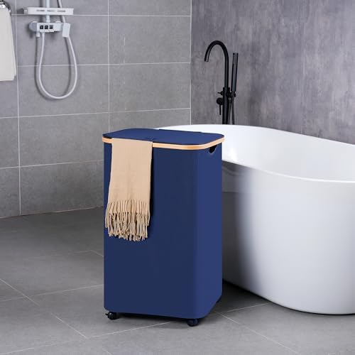 efluky Laundry Basket with Wheels, Tall Rolling Laundry Hamper with Lid and Removable Bag, Aesthetic Dirty Clothes Hamper on Wheels for Laundry Room, Bedroom, Dorm and Bathroom, 100L Blue - Image 4